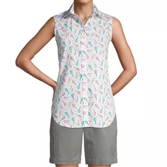 Lands' End No Iron Supima Cotton Sleeveless Button Shirt Tennis White Size 10P - Picture 2 of 10
